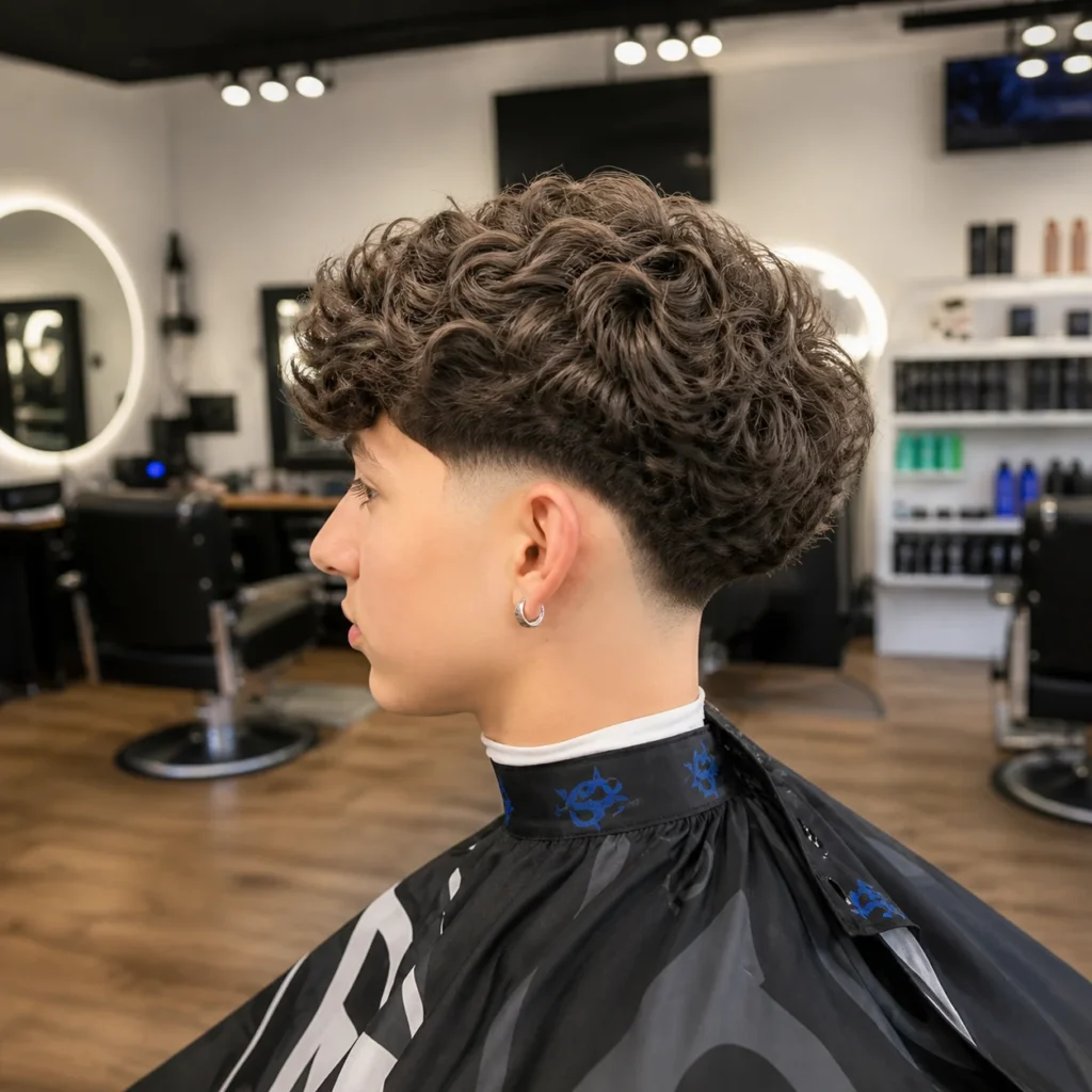 Potongan rambut **fade moden** dengan bahagian atas kerinting bertekstur dan skin fade yang bersih di bahagian sisi, digayakan dalam suasana kedai gunting rambut profesional dengan kemasan yang tajam dan bergaya.
