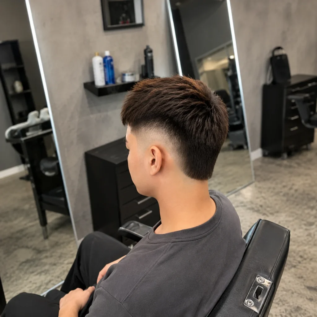 Pandangan belakang dan sisi seorang lelaki muda dengan potongan rambut textured crop dan low fade yang kemas, duduk di kerusi tukang gunting, memakai t-shirt gelap di kedai gunting rambut moden dengan latar belakang kabur yang lembut.