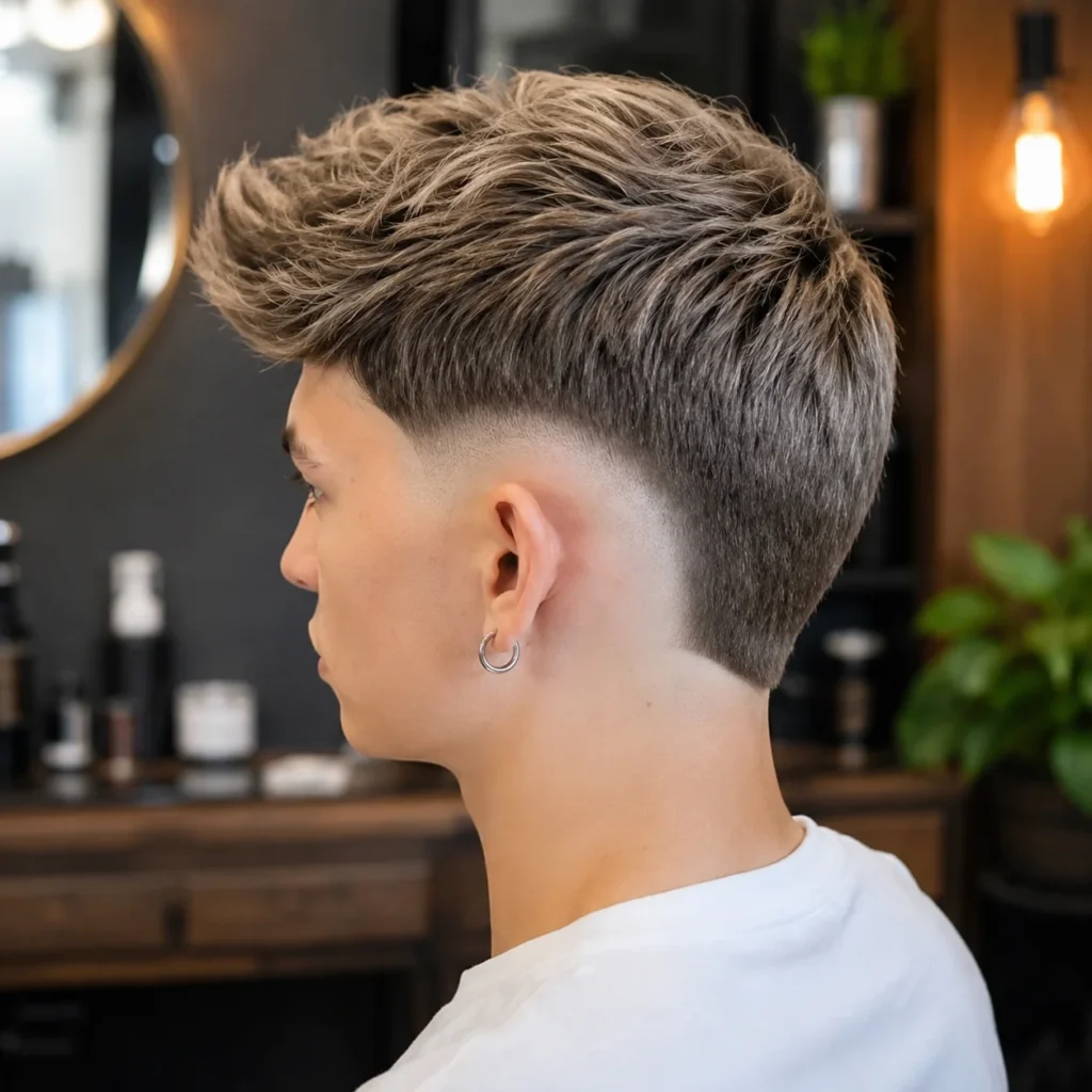 Pandangan sisi seorang lelaki dengan potongan rambut low skin fade moden dan bahagian atas bertekstur, memakai baju putih dalam suasana kedai gunting rambut yang bergaya.