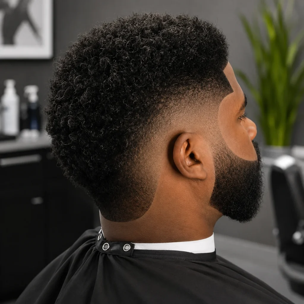 Profil sisi seorang lelaki dengan rambut kerinting yang ketat dan potongan low skin fade yang tajam, menampilkan line-up yang kemas serta janggut penuh yang berbentuk rapi, digayakan dalam suasana kedai gunting rambut moden.