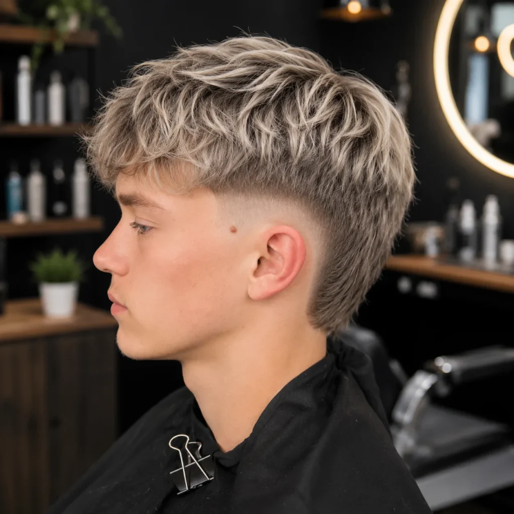 Potongan rambut burst fade dengan lapisan bertekstur berwarna blonde dan aliran semula jadi, pandangan profil sisi dalam suasana kedai gunting rambut moden.