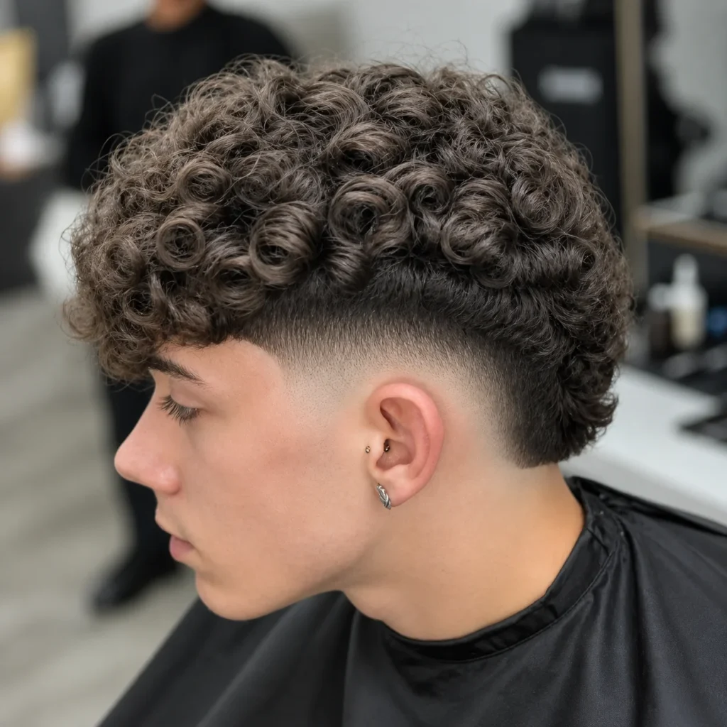 Potongan rambut curly burst fade dengan ikal ketat dan terdefinisi di bagian atas serta low skin fade yang bersih di sekitar samping kepala, menciptakan tampilan tajam dan modern pada pria muda di suasana barbershop.
