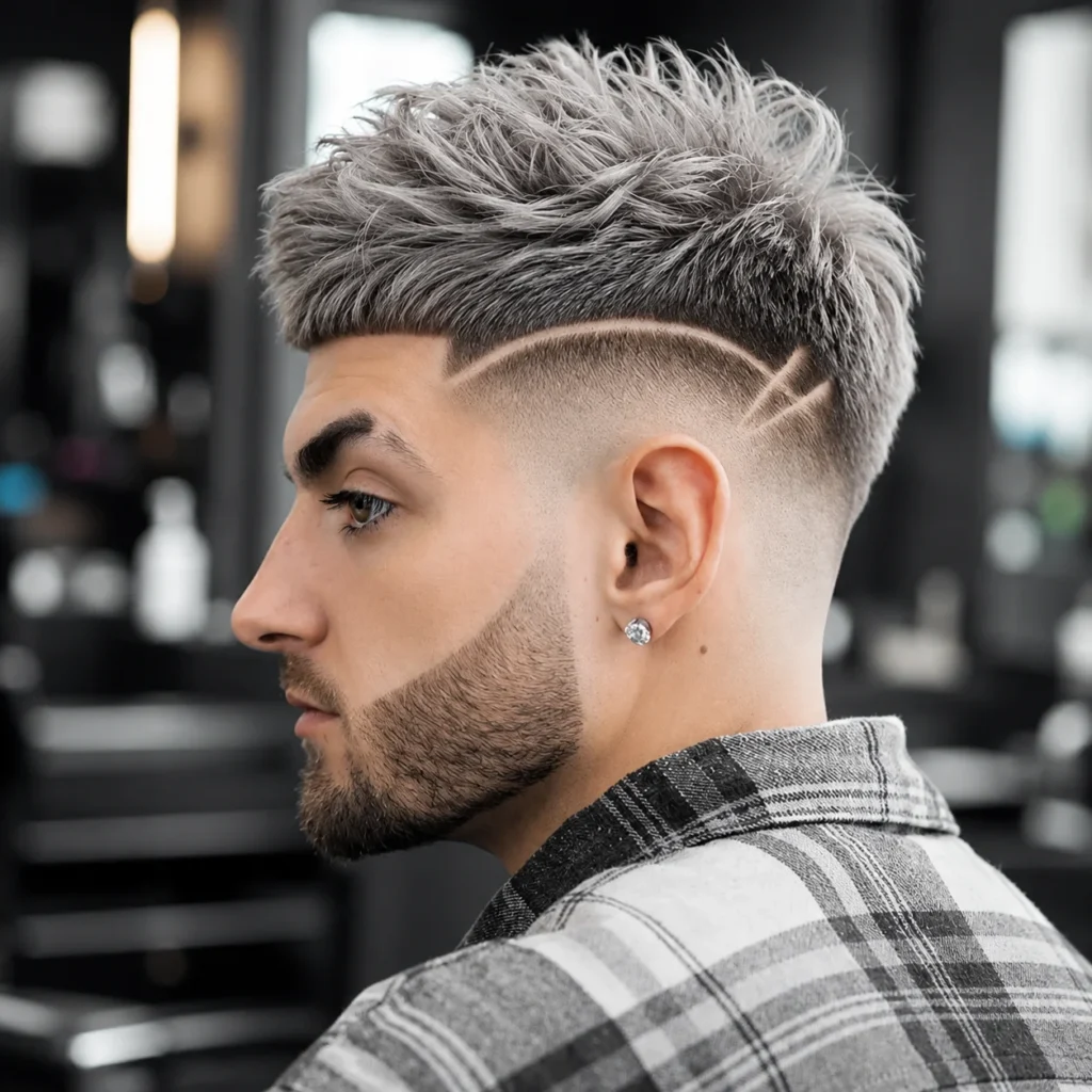 Profil sisi seorang lelaki dengan potongan rambut textured crop dan high skin fade, menampilkan rekaan garisan cukur yang tajam, janggut yang digayakan, serta latar belakang kedai gunting rambut moden.