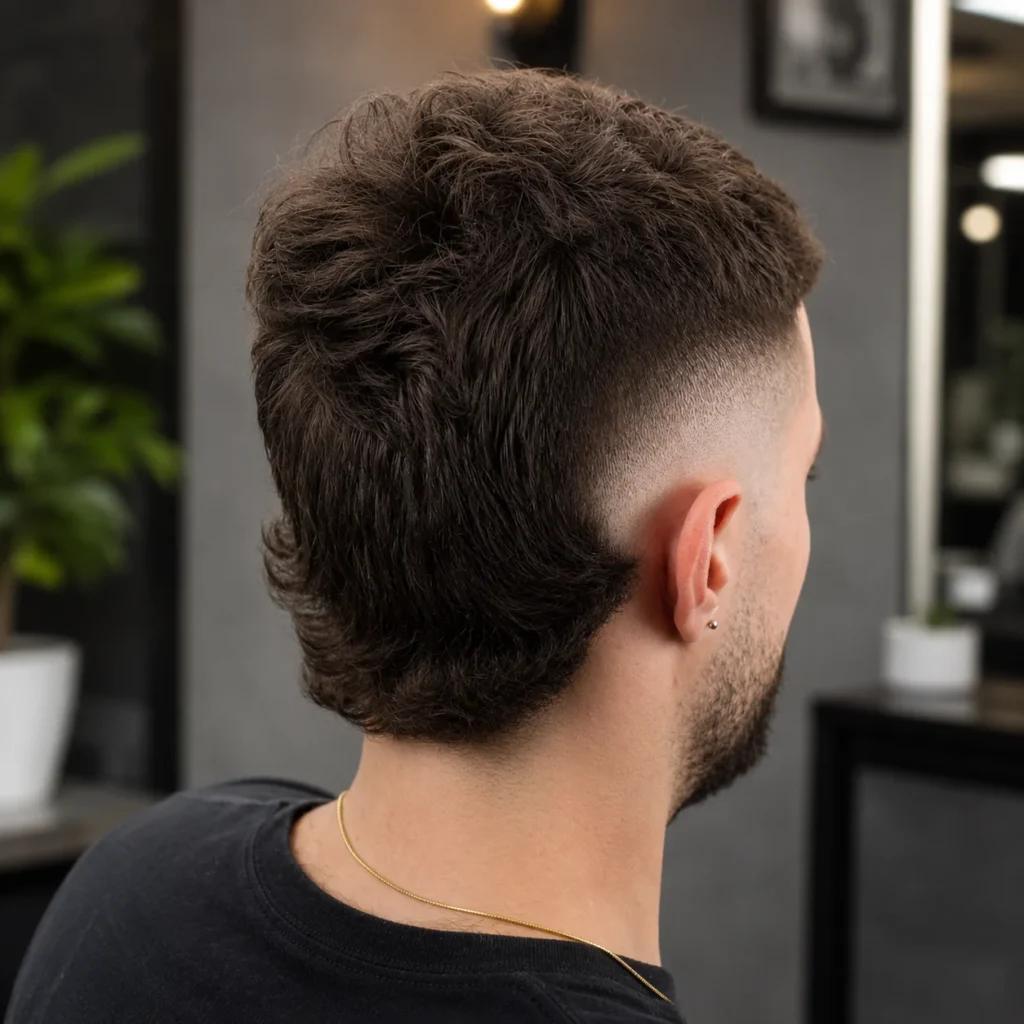 Potongan rambut wavy mullet dengan burst fade di bahagian sisi, ditunjukkan dari pandangan belakang, menampilkan rambut panjang bertekstur di belakang, sisi yang ber-fade kemas, dan kemasan gaya kedai gunting rambut moden.