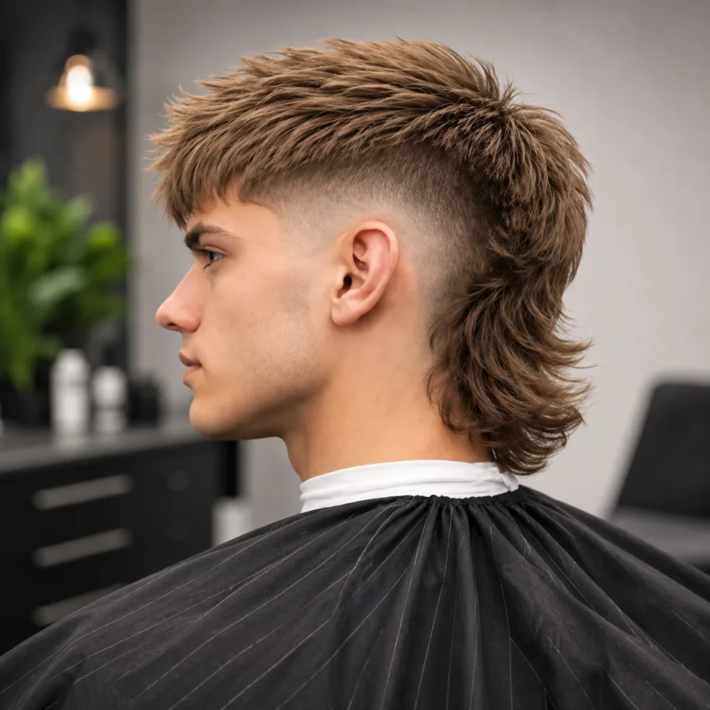 Profil sisi seorang lelaki muda dengan potongan rambut burst fade mullet moden, menampilkan sisi yang pendek ber-fade dan rambut panjang bertekstur di bahagian belakang, digayakan dengan kemas dalam suasana kedai gunting rambut profesional.