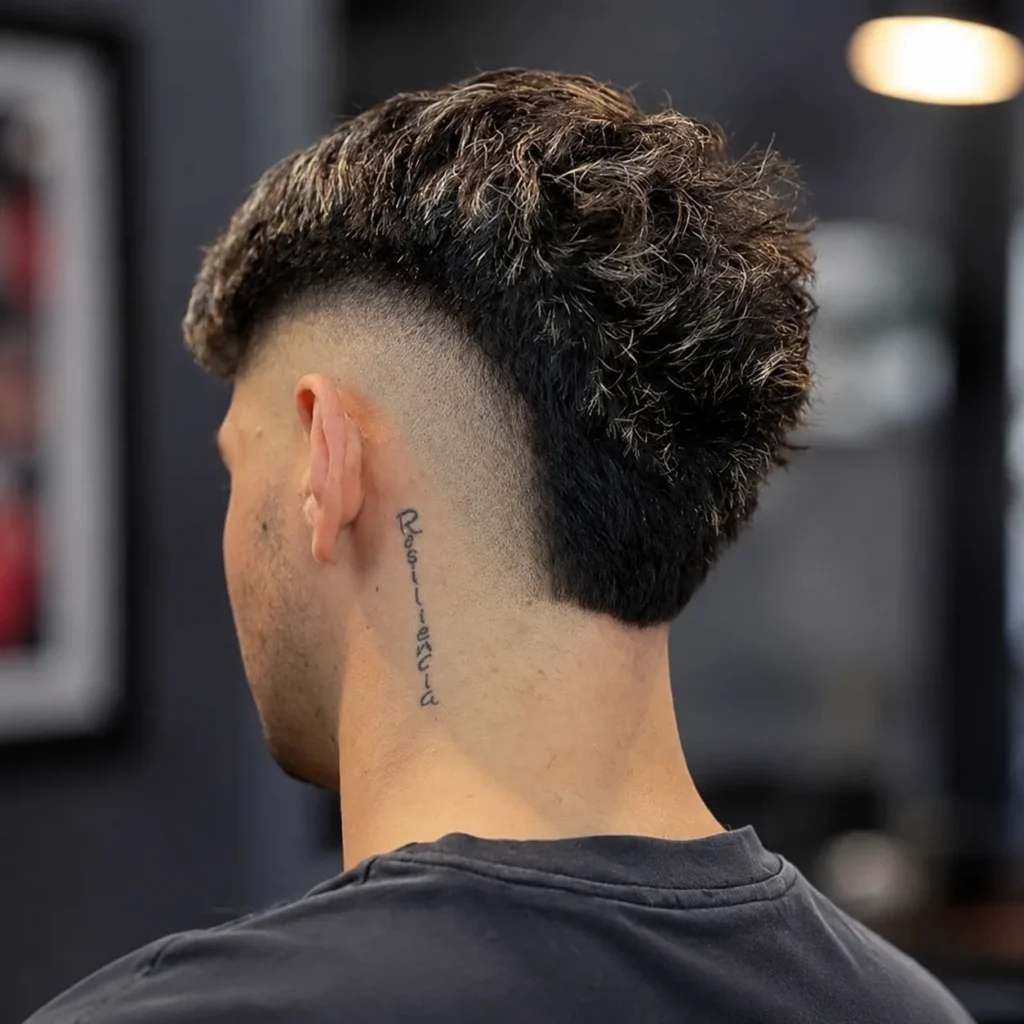 Pandangan belakang seorang lelaki dengan potongan rambut textured fade dan tatu leher, memakai T-shirt gelap dalam suasana kedai gunting rambut di dalam bangunan.
