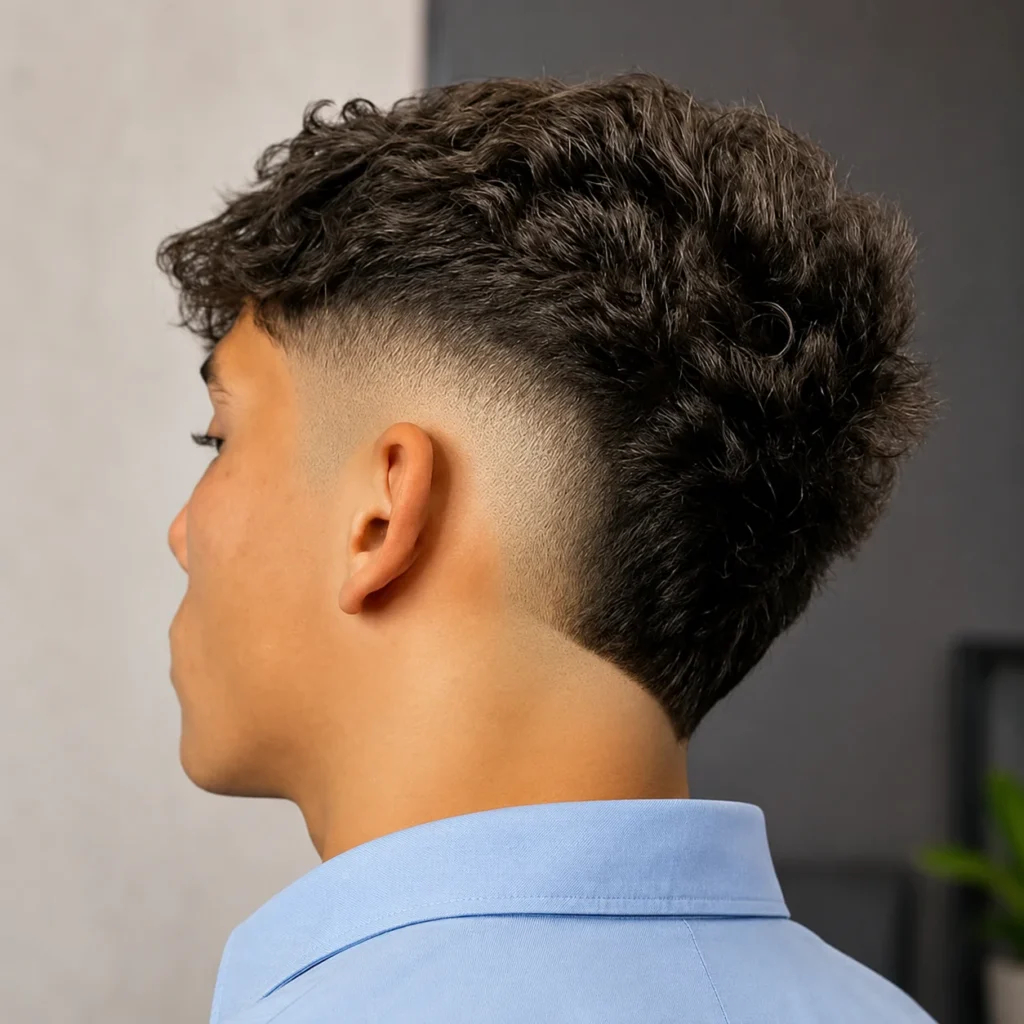 Tampak belakang seorang pria muda dengan rambut keriting bertekstur dan potongan rambut burst fade mohawk yang tegas, dengan sisi samping yang bersih dan rapi serta tekstur rambut gelap yang natural.
