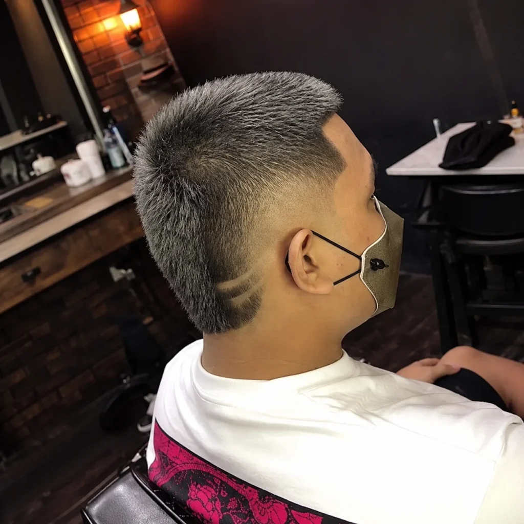 Seorang lelaki dengan potongan rambut buzz cut fade moden yang menampilkan low skin fade yang tajam dan rekaan garisan cukur bergaya di bahagian sisi, sedang duduk di kedai gunting rambut.