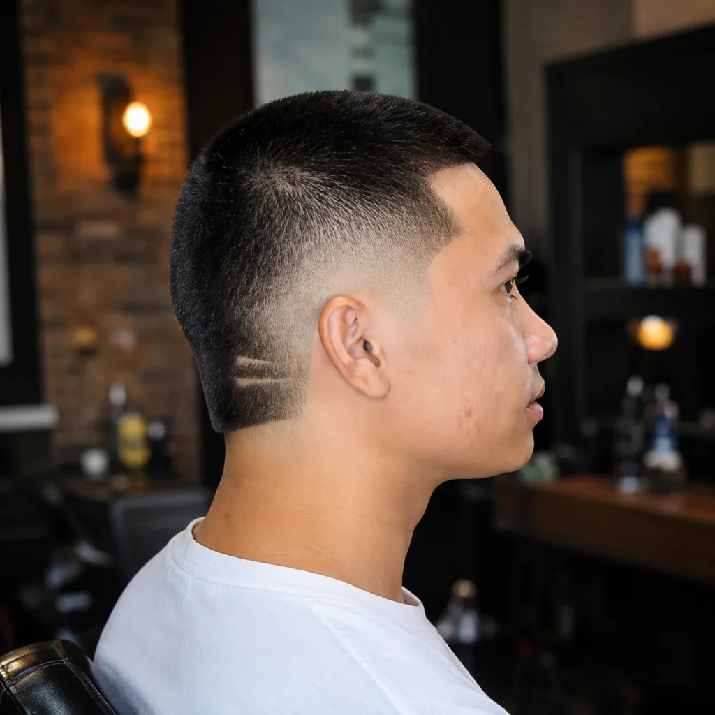 Profil sisi seorang lelaki dengan potongan rambut buzz cut low fade yang kemas, menampilkan rekaan garisan cukur yang tajam, memakai baju putih dalam suasana kedai gunting rambut moden.
