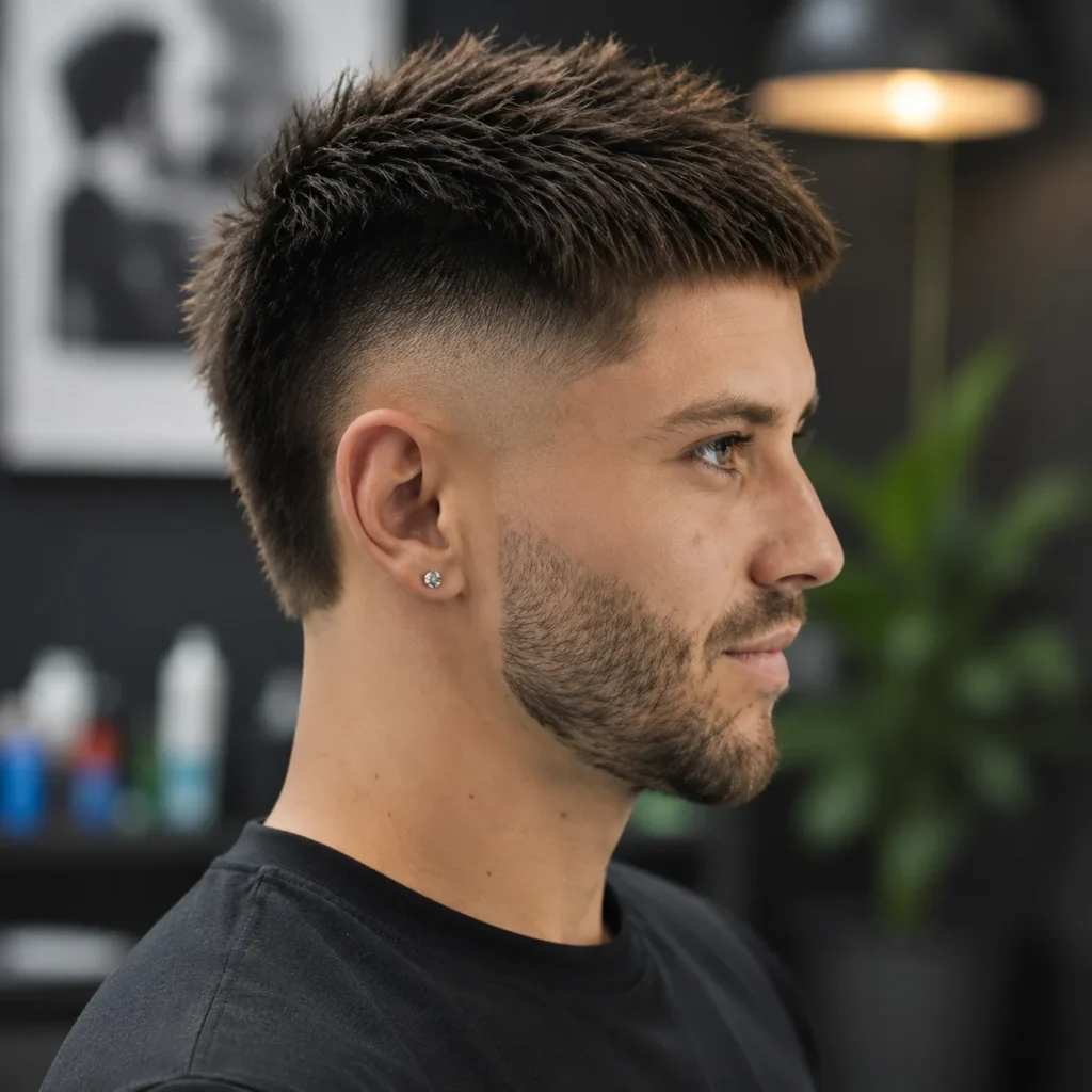 Seorang lelaki muda dengan bahagian atas bertekstur dan potongan low fade yang kemas duduk di kedai gunting rambut moden, menampilkan blend yang tajam dari bahagian sisi ke atas dengan janggut yang rapi serta kemasan yang bergaya dan kemas.