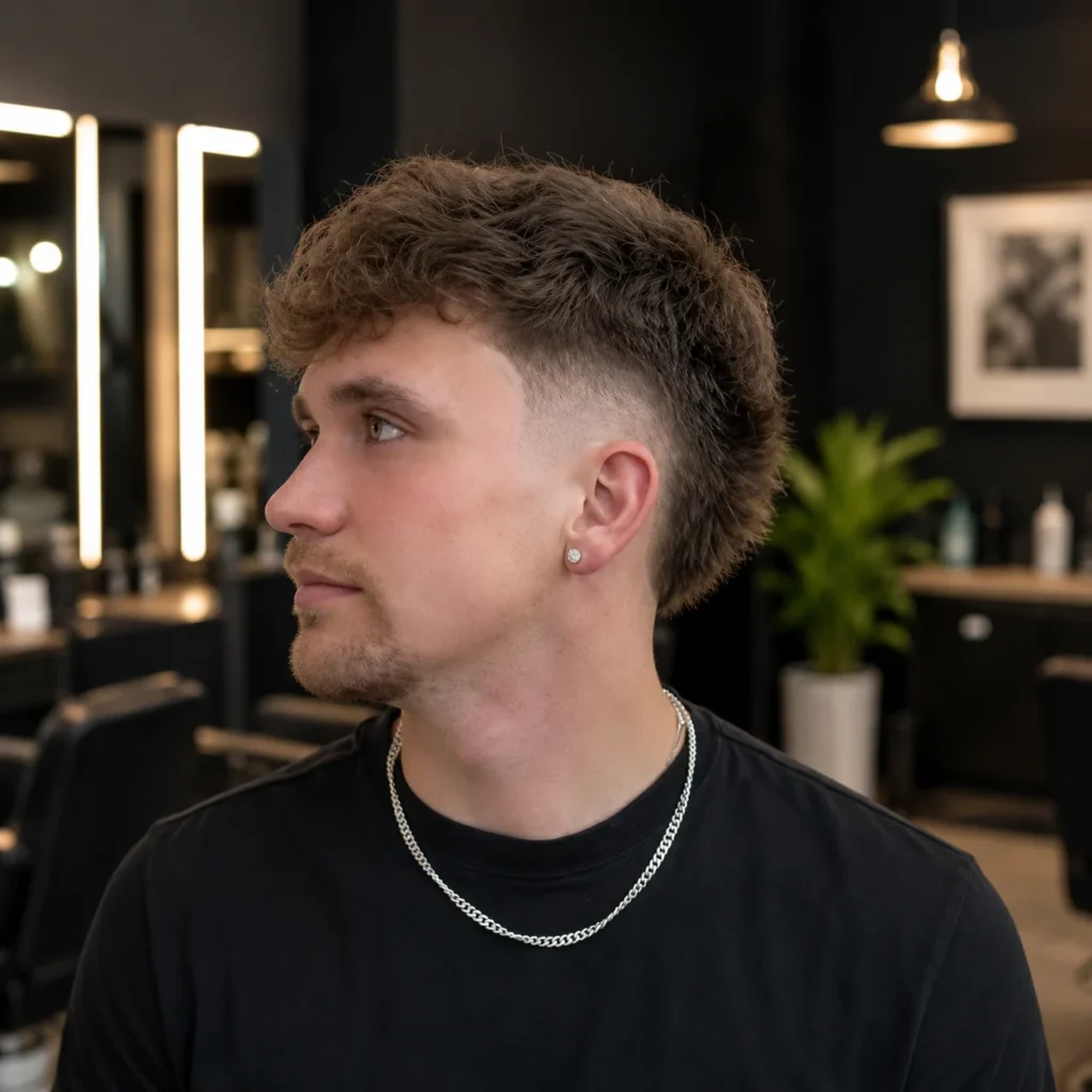 Potongan rambut low burst fade dengan bahagian atas kerinting bertekstur, sisi taper yang kemas, gaya rambut lelaki moden.
