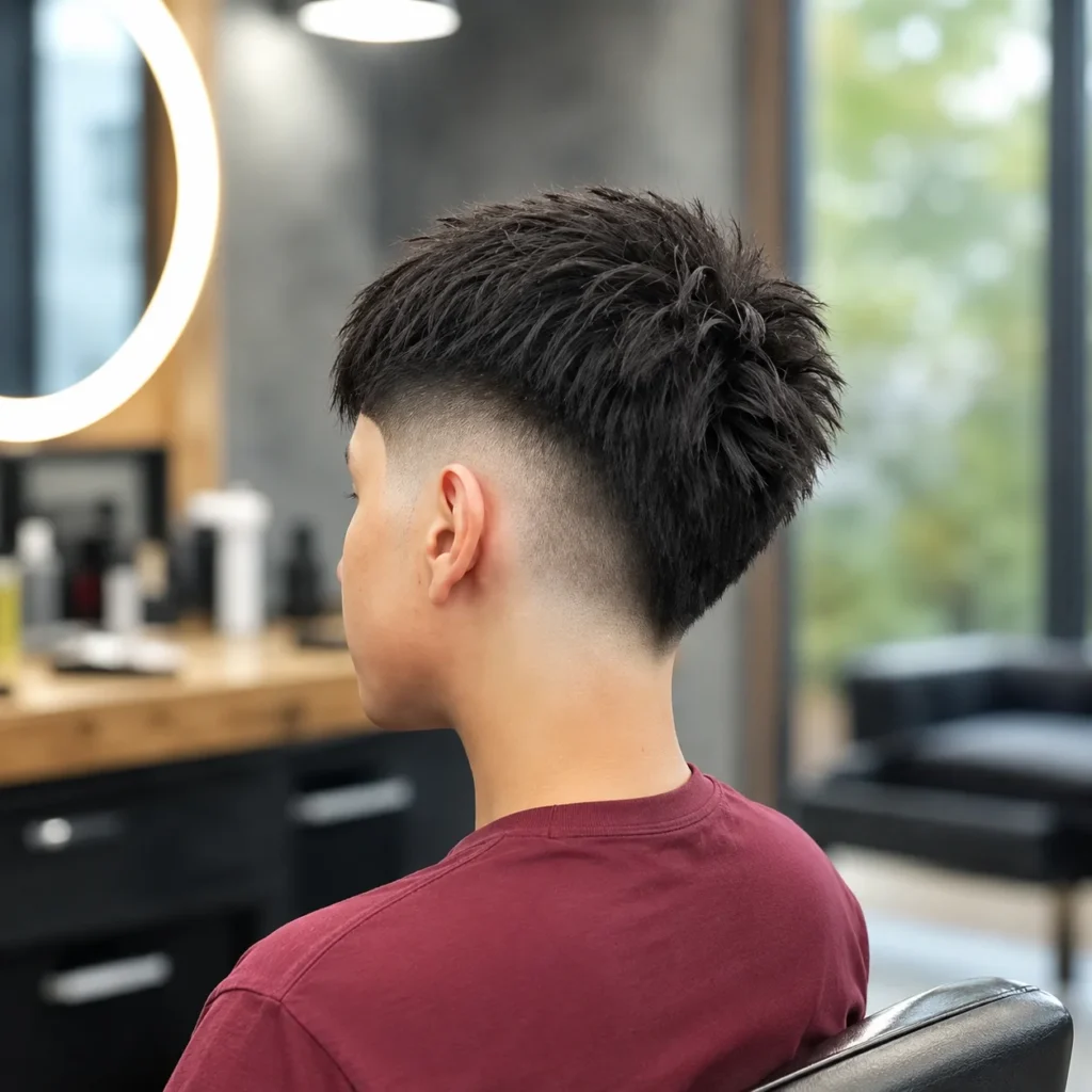 Potongan rambut burst fade V cut dengan bahagian atas bertekstur, taper yang kemas di sekitar telinga, gaya kedai gunting rambut moden.
