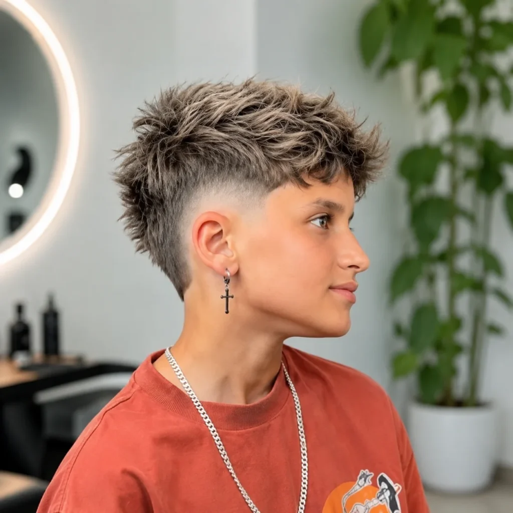 Potongan rambut textured burst fade dengan sisi pendek, bahagian atas berantakan, dan taper yang kemas, penampilan moden yang bergaya.