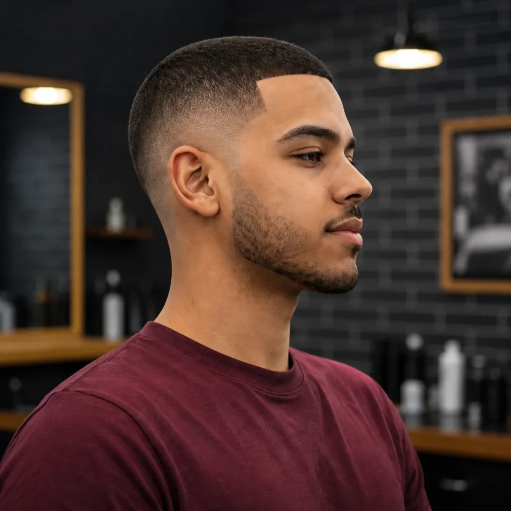 Profil sisi seorang lelaki muda dengan potongan rambut crew cut fade yang kemas dan garisan janggut yang tajam, memakai t-shirt warna maroon, dengan latar belakang kedai gunting rambut yang kabur dan lembut.