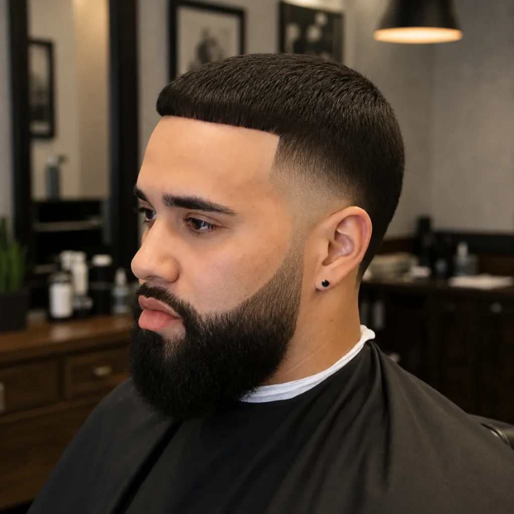 Pria muda dengan potongan rambut high taper fade yang tajam dan janggut penuh yang rapi sedang duduk di barbershop modern dalam ruangan, menampilkan rambut gelap bertekstur, gradasi fade yang bersih, dan cape barber berwarna hitam.
