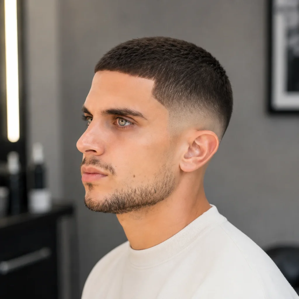 Gaya rambut fade buzz cut dengan garis rambut (lineup) yang tajam dan potongan yang rapi, tampilan profil samping untuk pria.
