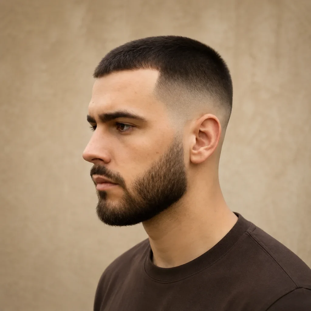 Gaya rambut taper fade buzz cut dengan janggut yang rapi dan garis rambut (line up) yang bersih, tampilan profil samping untuk pria.
