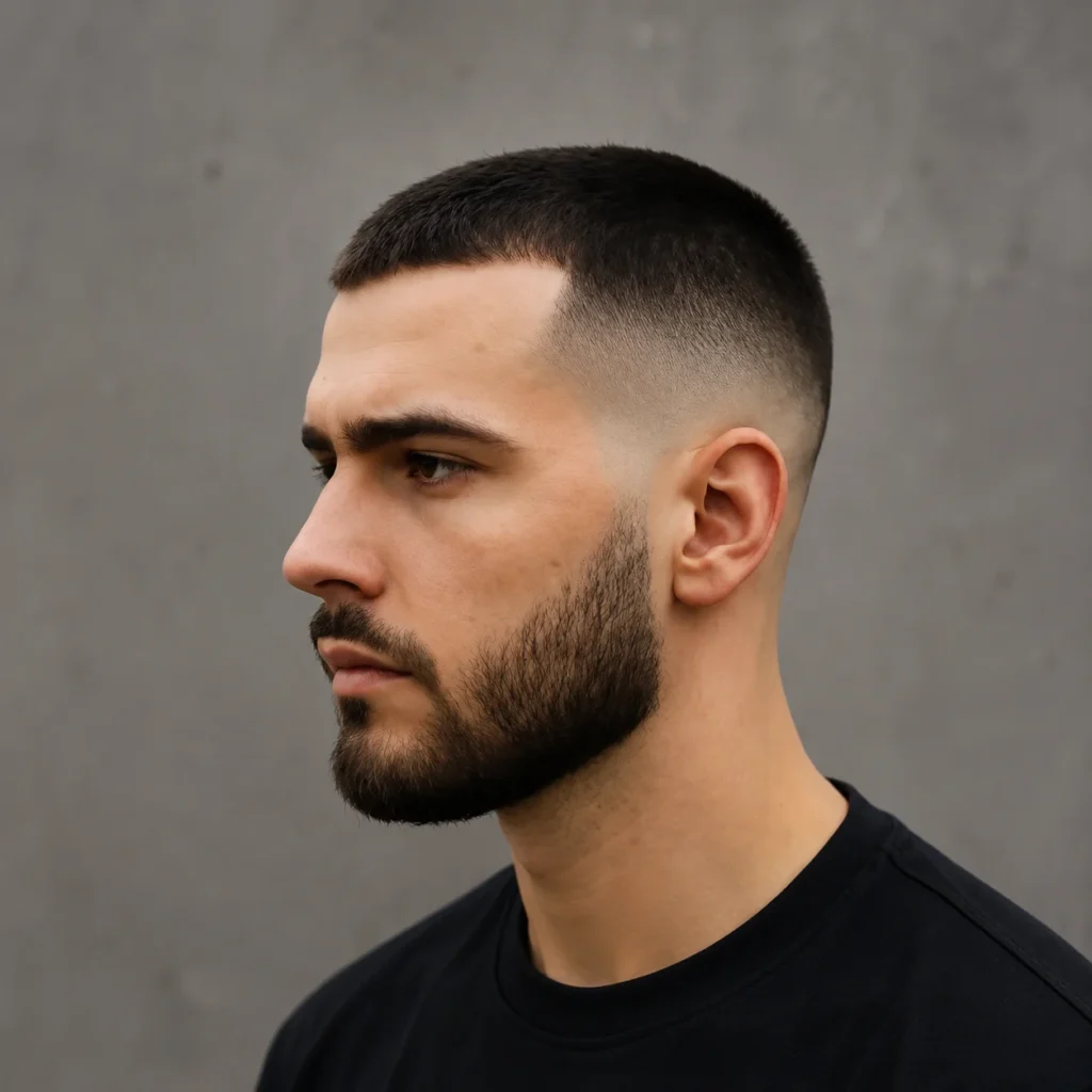 Side profile seorang pria muda dengan potongan rambut taper fade buzz cut dan janggut yang rapi, mengenakan kemeja gelap, menampilkan potongan rambut fade profesional untuk pria dengan latar belakang netral yang bersih.
