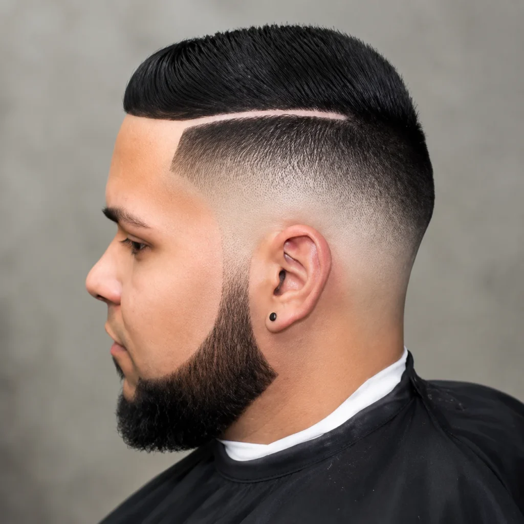 Tampilan samping seorang pria dengan potongan rambut garis desain tajam (line design), high skin fade, dan janggut boxed yang rapi, mengenakan cape barber hitam di dalam barbershop modern.
