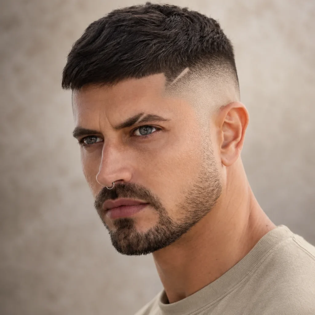 Pria dengan potongan rambut textured crop dan high skin fade yang rapi, menampilkan desain garis cukur (shaved line), dipadukan dengan janggut yang dipangkas serta kaos beige, dengan latar belakang blur yang lembut dan netral.