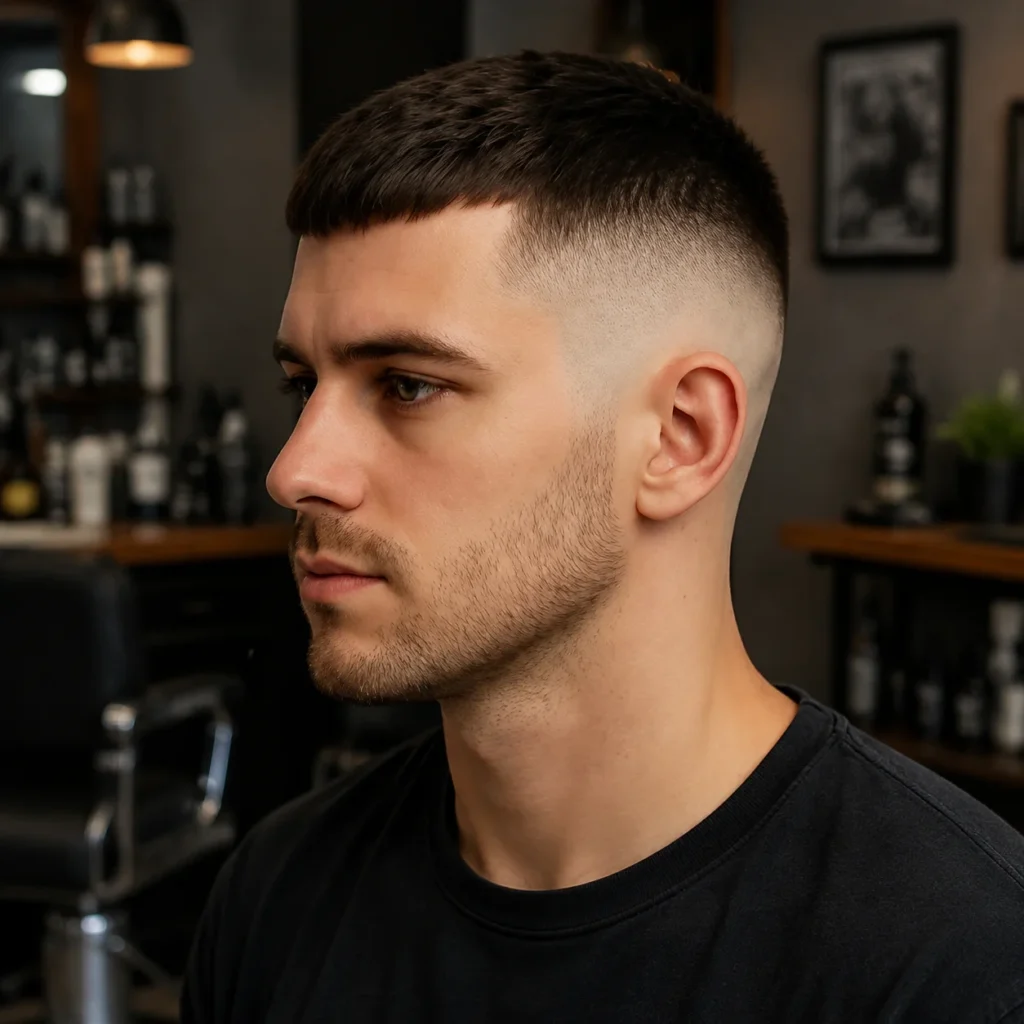 Pria muda dengan potongan rambut fade crew cut di barbershop.
