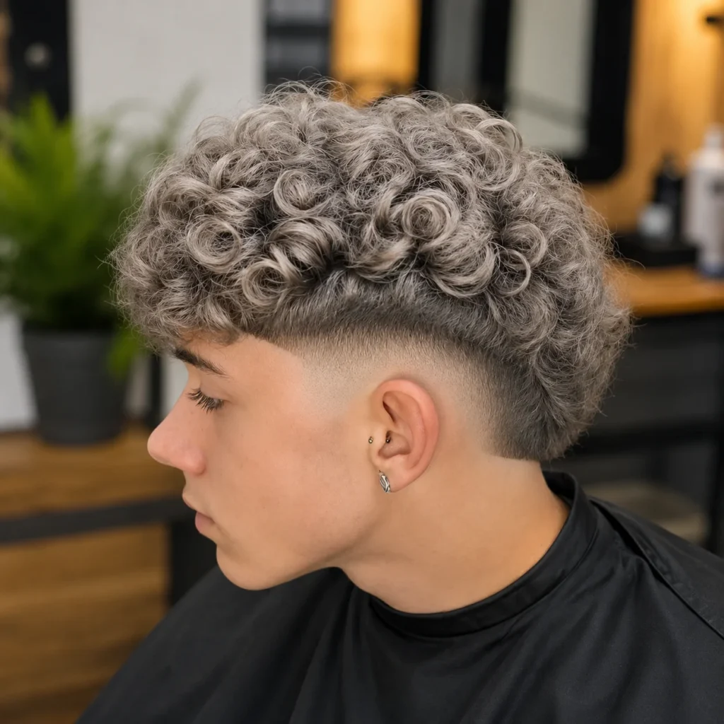 Profil sisi seorang lelaki dengan rambut kerinting bertekstur dan potongan burst fade, low skin fade yang kemas di bahagian sisi dengan keriting yang jelas di bahagian atas, digayakan dalam suasana kedai gunting rambut moden.
