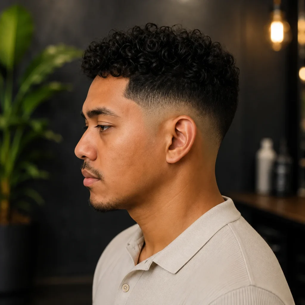 Tampilan profil samping seorang pria muda stylish dengan rambut keriting bertekstur dan potongan low fade yang rapi, mengenakan polo shirt berwarna krem muda di latar belakang studio bergaya barbershop modern.
