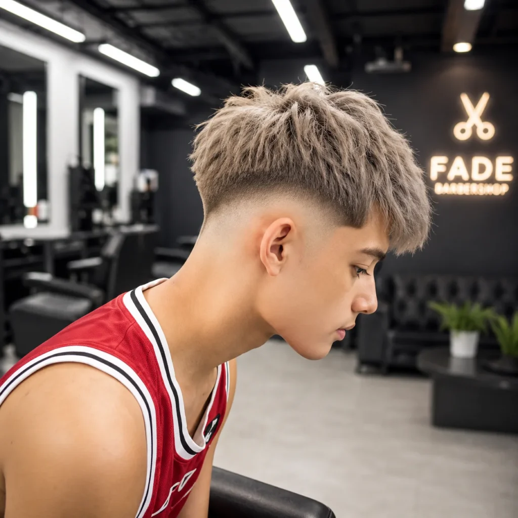 Potongan rambut drop burst fade dengan bahagian atas bertekstur dan line-up yang tajam, profil sisi dalam suasana kedai gunting rambut moden.