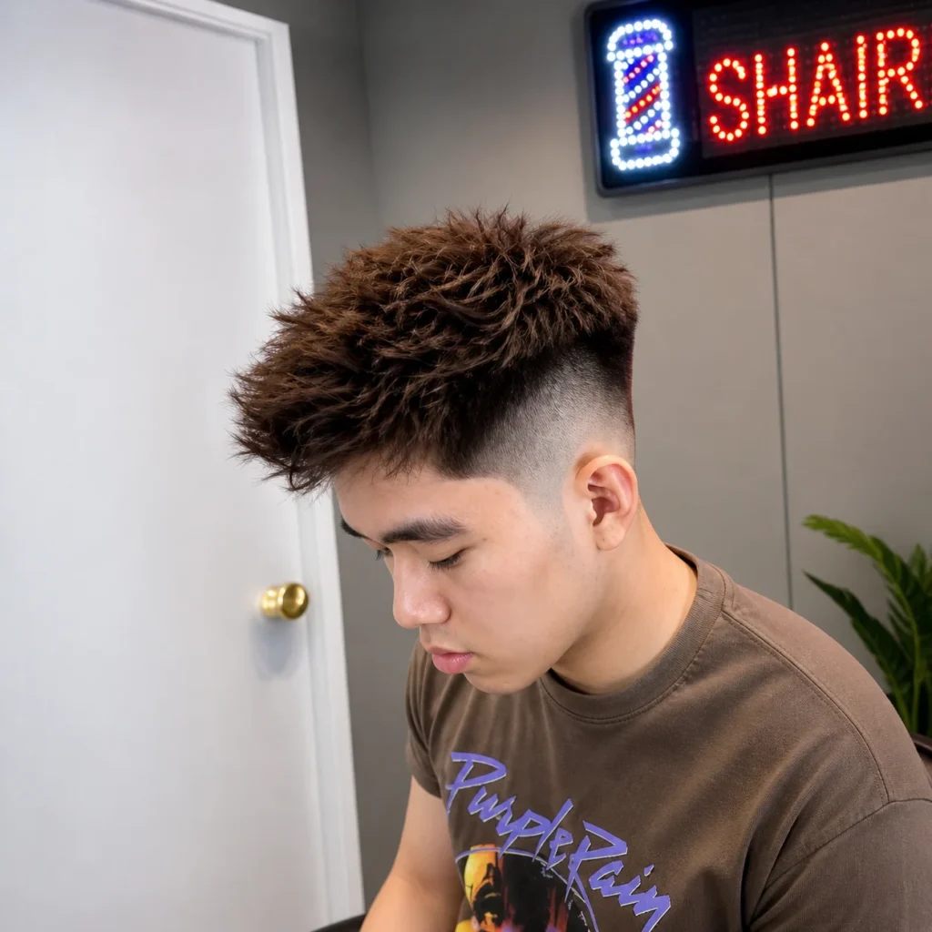 Lelaki muda dengan potongan rambut **drop fade yang bergaya** dan bahagian atas bertekstur dalam suasana kedai gunting rambut moden.
