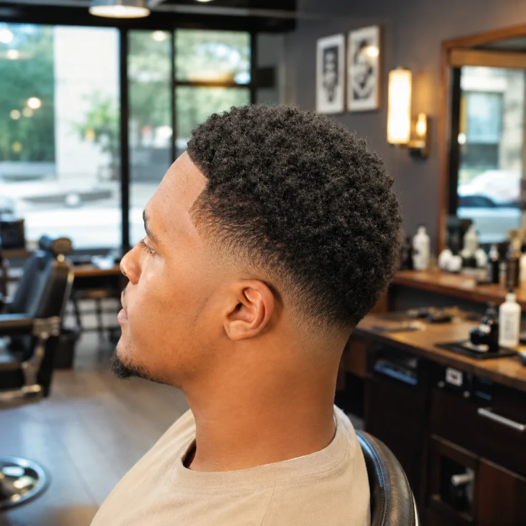 Potongan rambut high drop fade dengan rambut keriting bertekstur dan sisi taper yang rapi, diambil di suasana barbershop modern.
