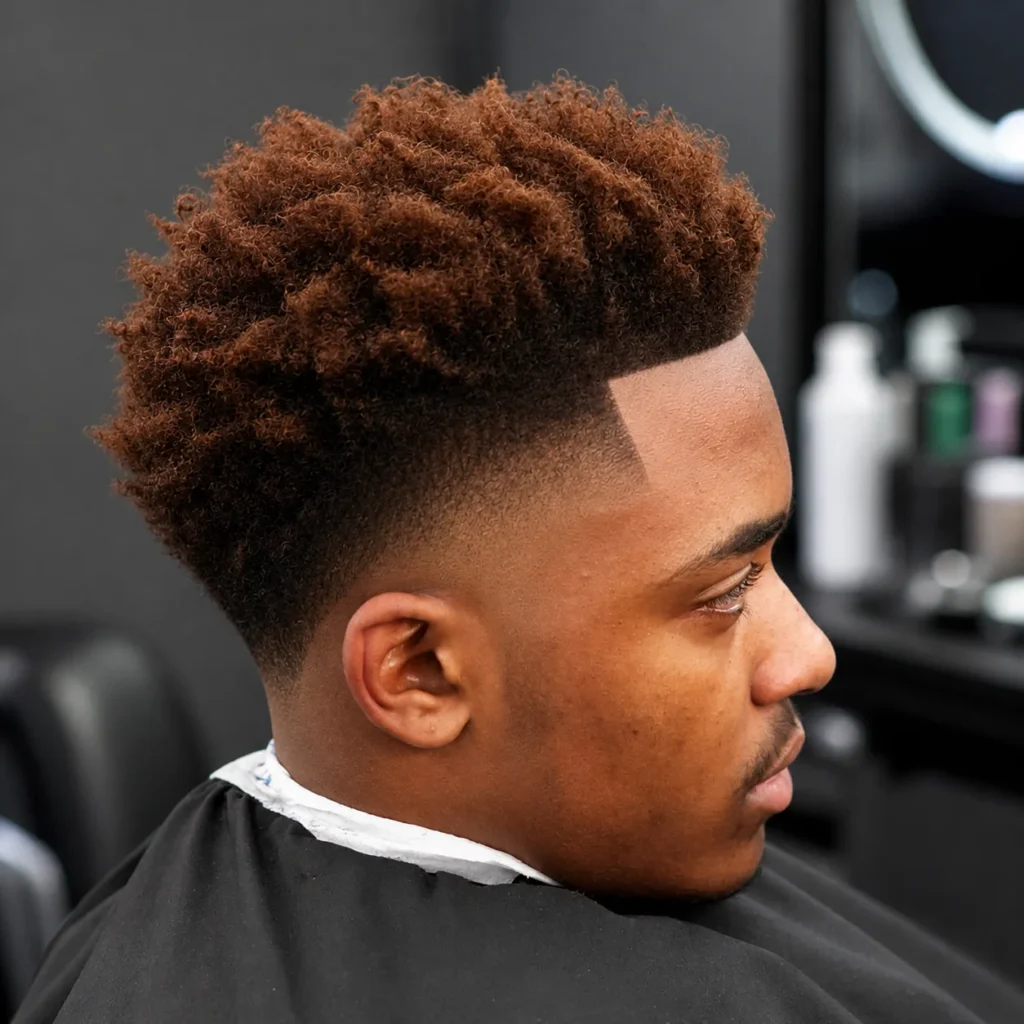Pandangan sisi seorang lelaki dengan potongan rambut **mid fade yang bersih** dan bahagian atas kerinting bertekstur yang jelas, duduk di kerusi kedai gunting rambut dengan garisan rambut (lineup) yang kemas dan sisi yang dilapik dengan smooth blend, menampilkan gaya rambut fade moden untuk lelaki.
