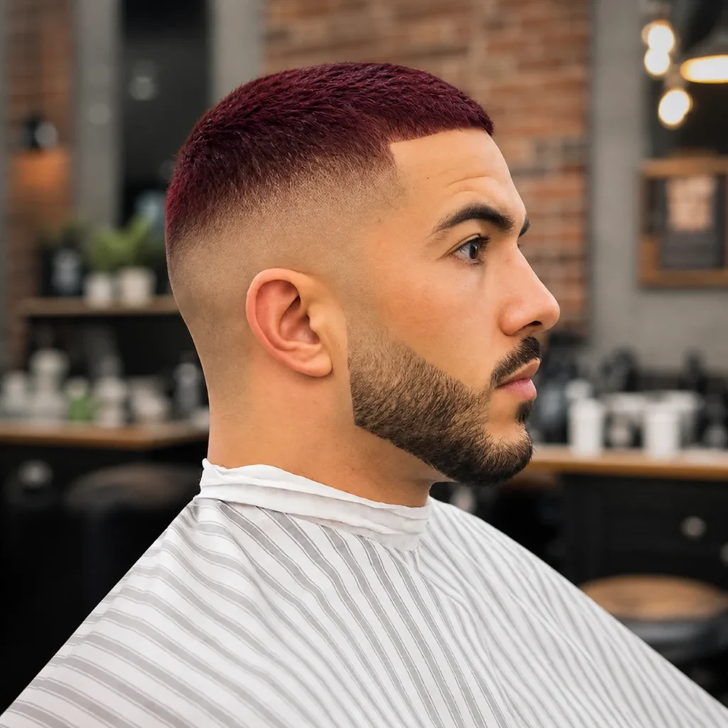 Potongan rambut **high skin fade** dengan garisan janggut yang tajam dan blend yang bersih, digayakan dalam kedai gunting rambut moden untuk penampilan yang kemas, licin dan profesional.
