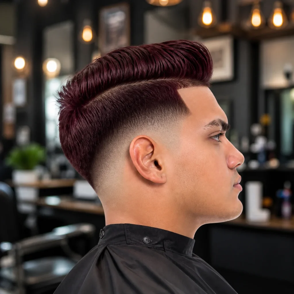 Potongan rambut **high fade** dengan pompadour yang kemas dan garis hard part yang tajam, menampilkan skin fade yang licin untuk gaya kedai gunting rambut yang bersih, moden dan bergaya.
