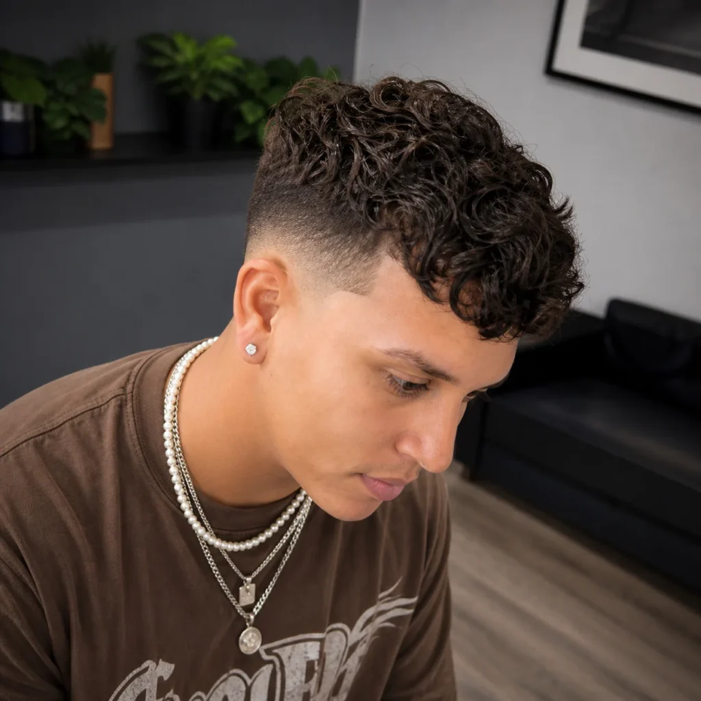 Close-up seorang pria dengan rambut ikal dan potongan drop fade yang rapi, menampilkan gaya fade yang tajam dan modern dalam suasana barbershop.
