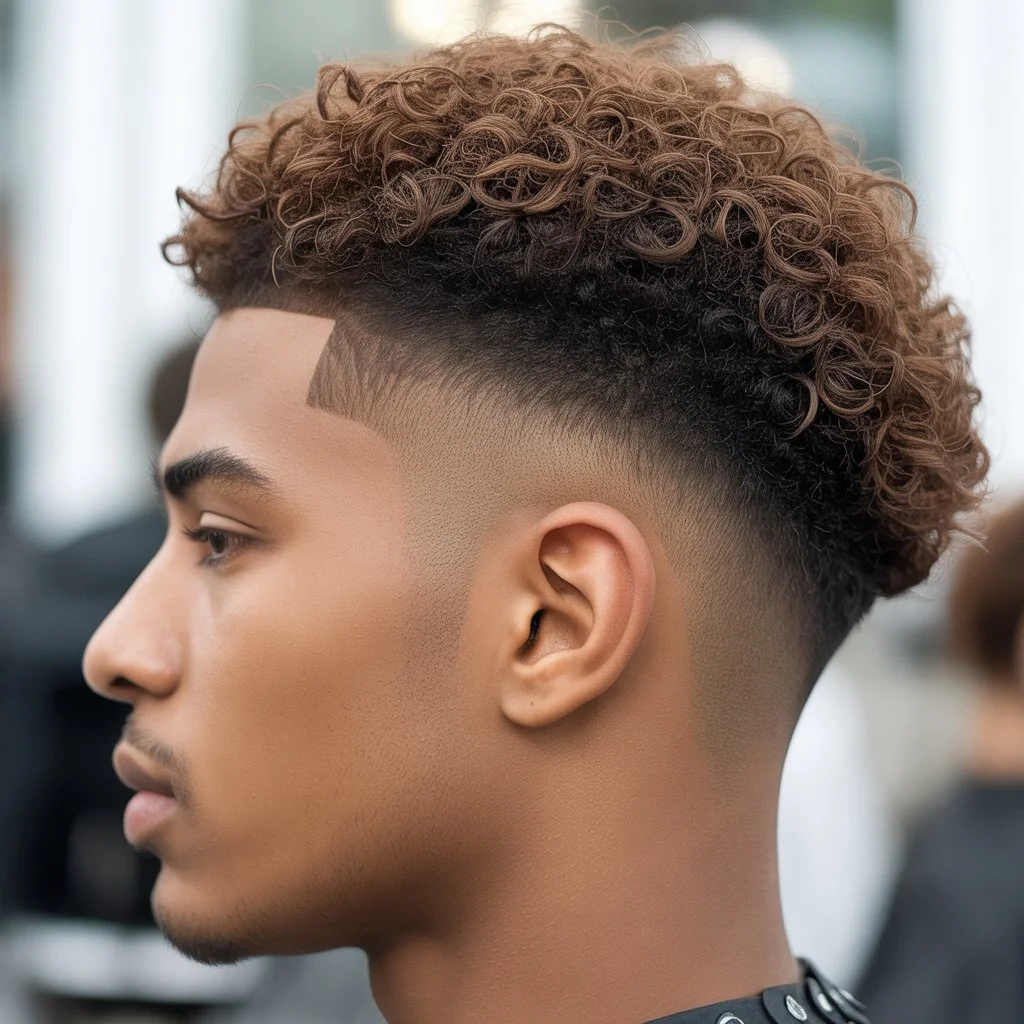 Potongan rambut **curly drop fade** dengan line-up yang tajam dan low fade yang licin, pandangan sisi gaya rambut lelaki moden dengan kerinting yang jelas serta blend yang bersih untuk fadehaircut.blog
