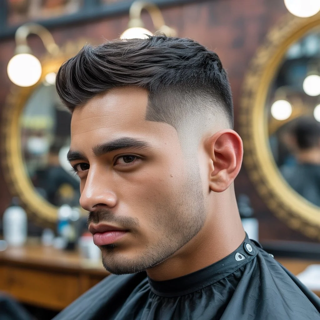 Potongan rambut **drop fade** dengan bahagian atas bertekstur dan line-up yang tajam dalam kedai gunting rambut moden.
