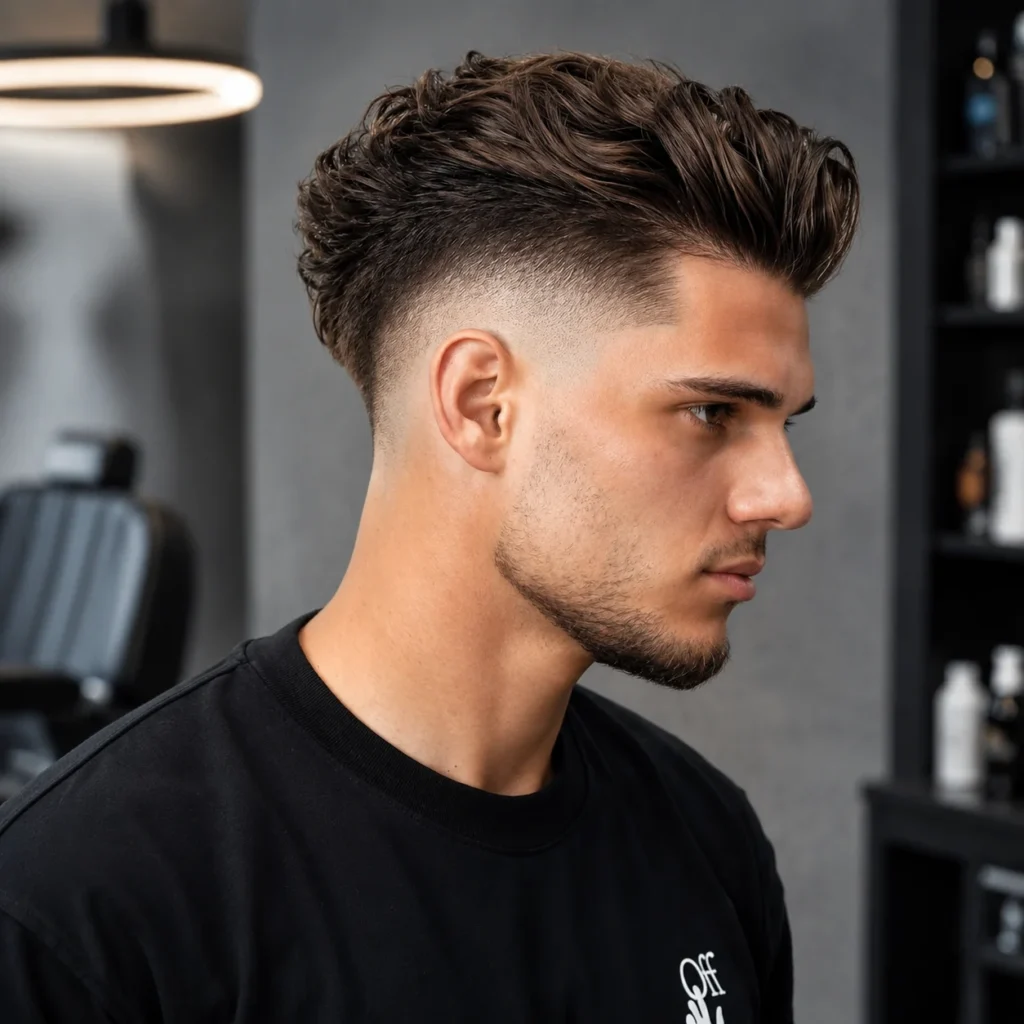Profil sisi seorang lelaki muda dengan waved mohawk dan potongan drop fade, memakai T-shirt hitam dengan latar belakang cerah yang kosong.
