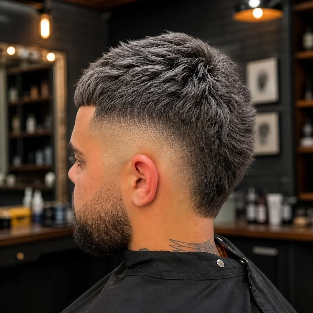 Potongan rambut **low fade moden** dengan bahagian atas bertekstur dan janggut yang kemas, menampilkan blend sisi yang licin dalam suasana kedai gunting rambut yang bergaya.
