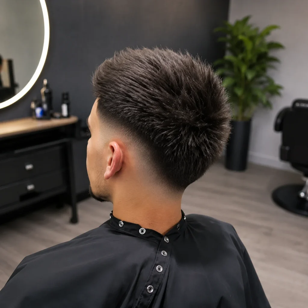 Tampak belakang seorang pria muda dengan bagian atas rambut bertekstur dan runcing (spiky), serta potongan low fade yang bersih, menampilkan rambut gelap alami dengan sisi samping yang sangat rapi di suasana barbershop modern.
