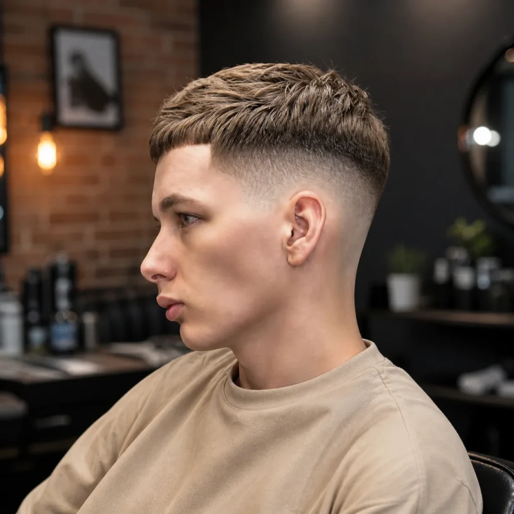 Lelaki muda dengan potongan rambut **textured crop** dan **low skin fade**, blend sisi yang tajam dan bersih, gaya rambut fade moden untuk lelaki dalam suasana kedai gunting rambut profesional.
