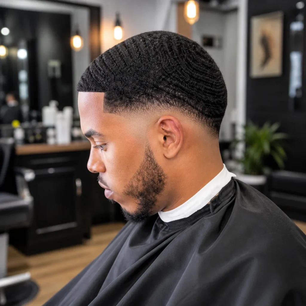 Potongan rambut **waves** dengan **drop fade**, menampilkan 360 waves yang kemas dan low fade yang tajam dengan blend yang bersih, digayakan dalam kedai gunting rambut moden untuk penampilan yang segar dan bergaya.
