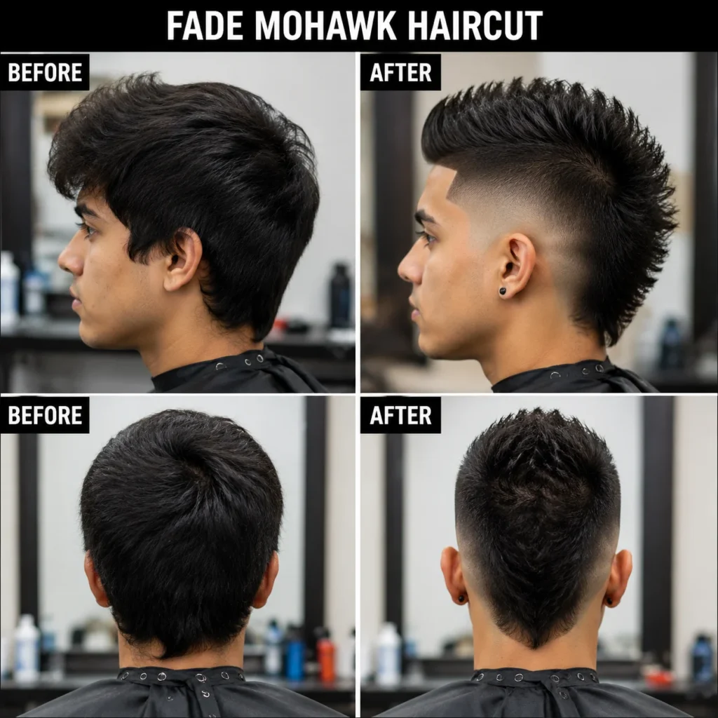 Sebelum dan selepas potongan rambut mohawk fade lelaki yang menunjukkan rambut bersepah berubah menjadi mohawk bertekstur yang tajam dengan sisi tapered yang kemas.

