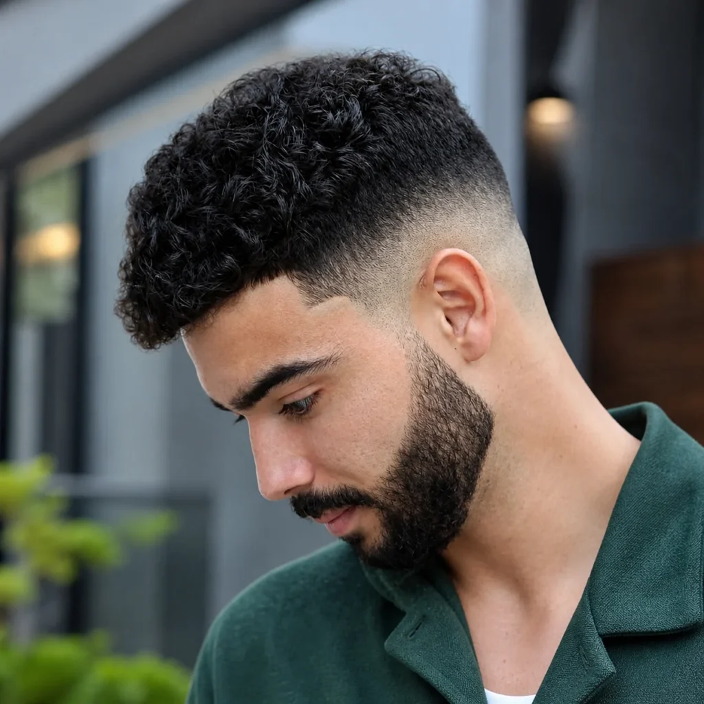 Gaya rambut curly textured top dengan potongan mid fade yang rapi serta garis jenggot yang tegas, tampilan profil samping seorang pria dengan gaya natural dan latar belakang luar ruangan yang blur.
