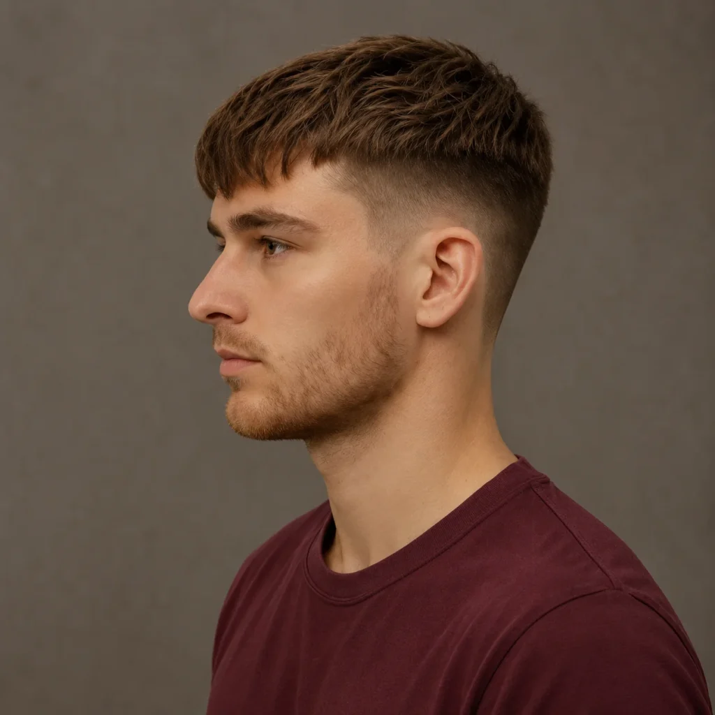 Fringe taper fade haircut dengan kemeja warna burgundy, berlatar belakang indoor.
