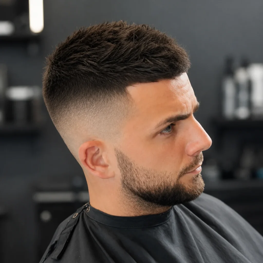 Tampilan samping seorang pria dengan potongan rambut textured crop dan skin fade rapi, menampilkan sisi yang dibaur tajam serta janggut yang dipangkas rapi untuk tampilan fade haircut modern yang stylish.