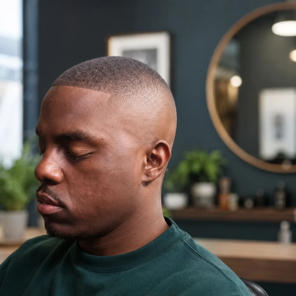 Close-up side profile seorang pria dengan **sharp bald fade haircut** dan **clean lineup**, menampilkan skin fade yang halus berpadu dengan rambut pendek bertekstur di bagian atas. Gaya **modern fade haircut** ini ditata rapi dalam suasana barbershop profesional dengan latar belakang blur yang lembut.
