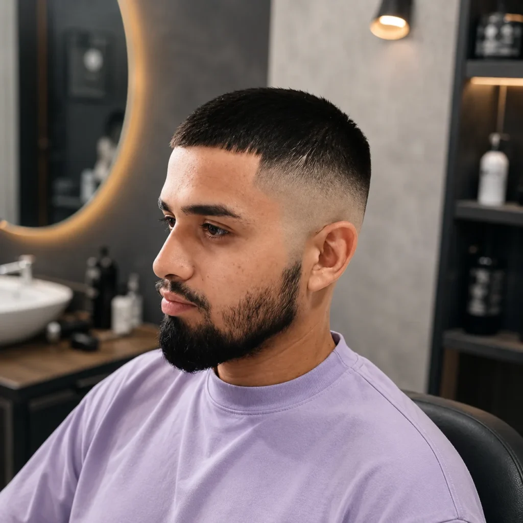 Potongan rambut high fade modern dengan fringe (poni) tajam dan gaya janggut rapi, dalam suasana barbershop profesional sebagai inspirasi grooming pria.