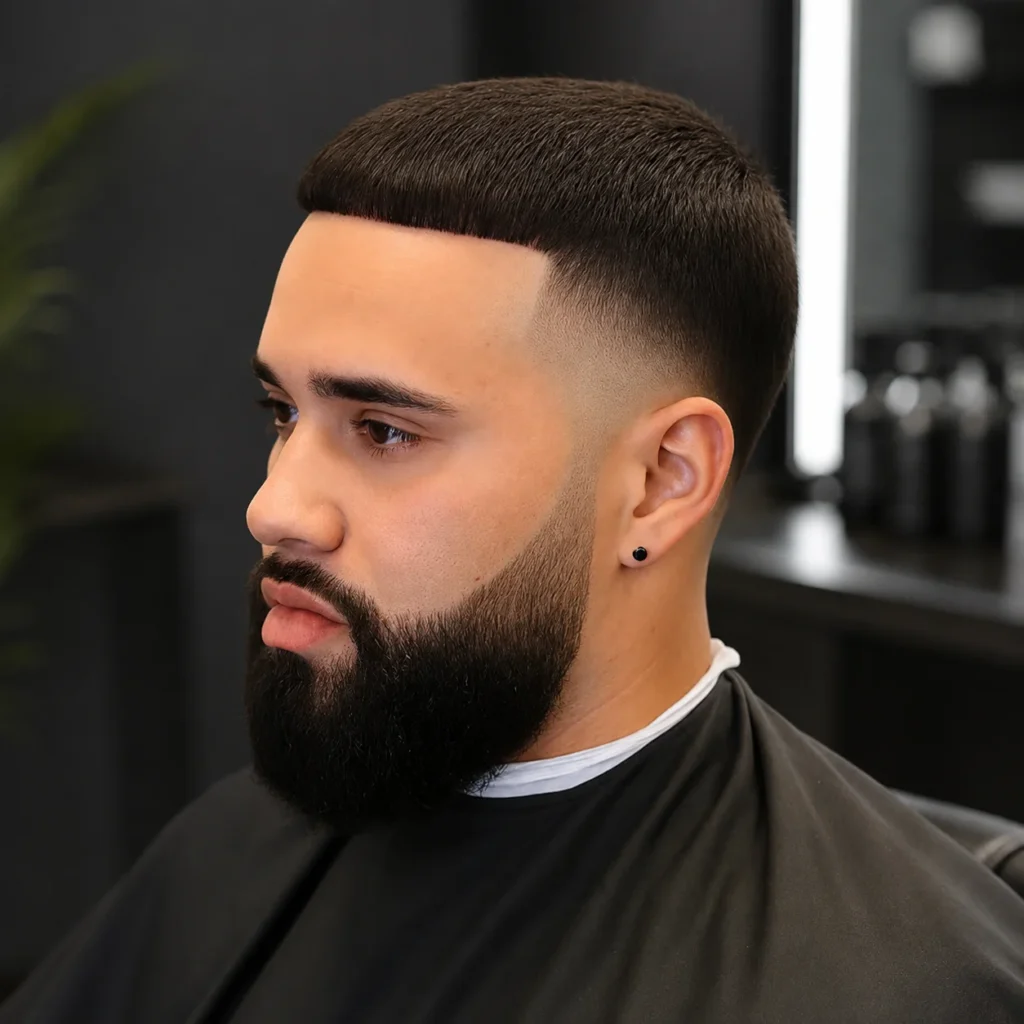 **High bald taper fade haircut** dengan **sharp lineup dan janggut penuh**, menampilkan gaya barbershop modern untuk pria dengan tampilan bersih, tajam, dan stylish.

