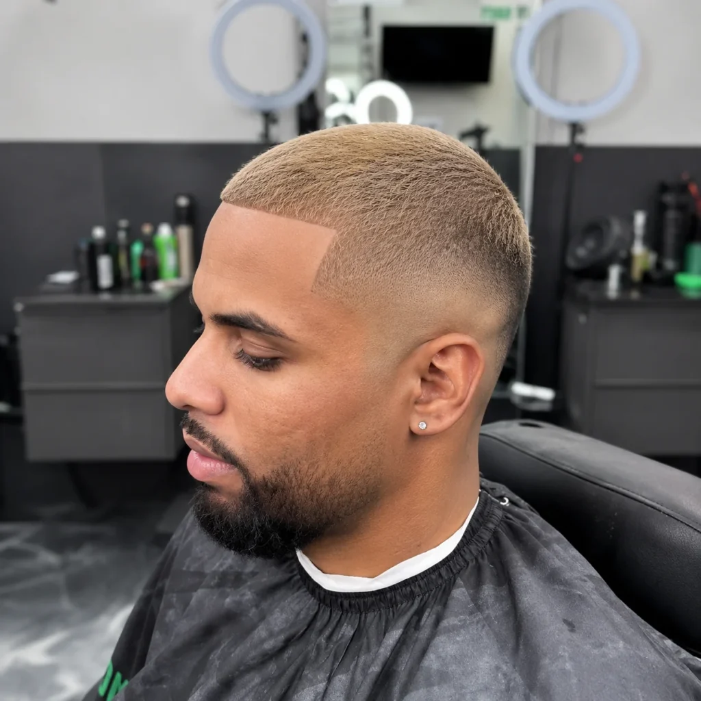 Tampilan samping seorang pria dengan potongan buzz cut dan low skin fade, menampilkan lineup yang tajam dan janggut yang dipangkas rapi dalam suasana barbershop modern.