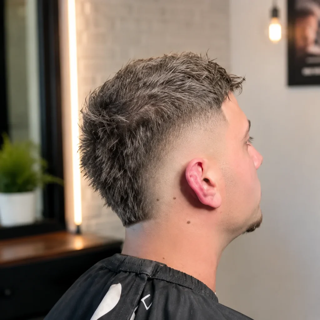 Pandangan belakang dan sisi seorang lelaki dengan bahagian atas bertekstur dan potongan low skin fade, sisi yang berbaur licin dengan kemasan yang bersih, digayakan dalam suasana kedai gunting rambut moden.